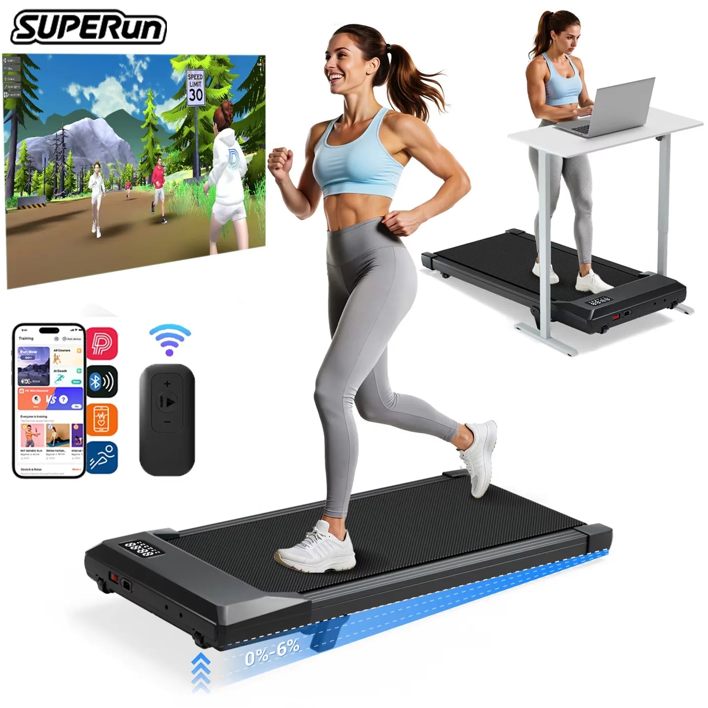 Foldable 6% Slope Under Desk Treadmills 2.5 HP Quiet Walking Pad Porta ...