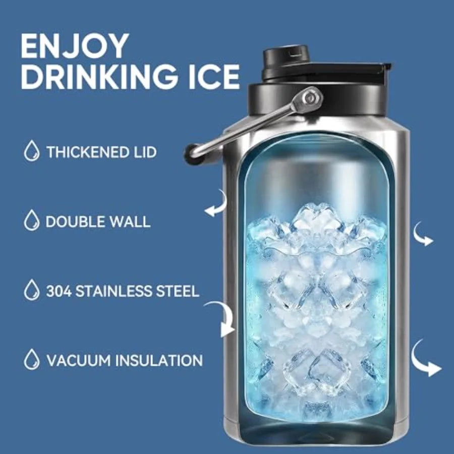 One Gallon Insulated Water Bottle for Travel: 2-in-1 Straw and Spout Lid Keep Cold 24Hrs Leakproof 128oz Water Jug With Handle