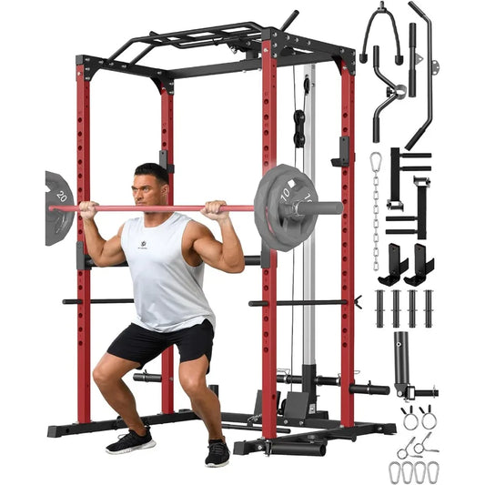 Power Cage Power Racks for Home Gym with Pulley System 1200LBS Weight Capacity MultiFunctional Squat Rack for Strength Workout