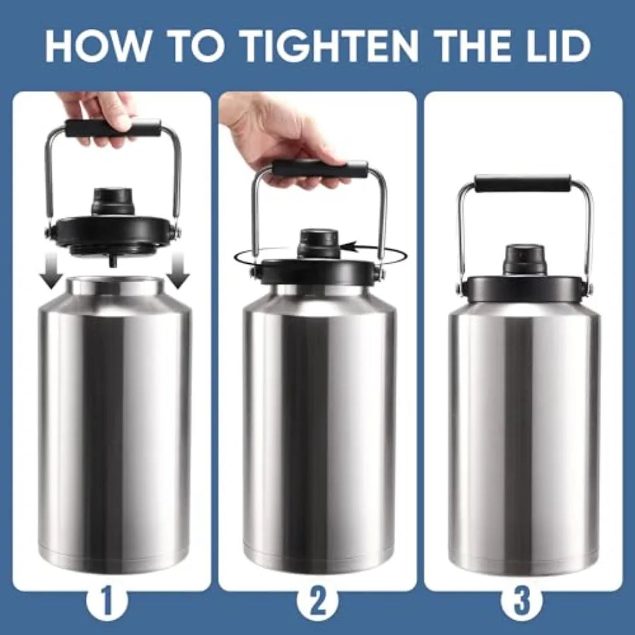 One Gallon Insulated Water Bottle for Travel: 2-in-1 Straw and Spout Lid Keep Cold 24Hrs Leakproof 128oz Water Jug With Handle